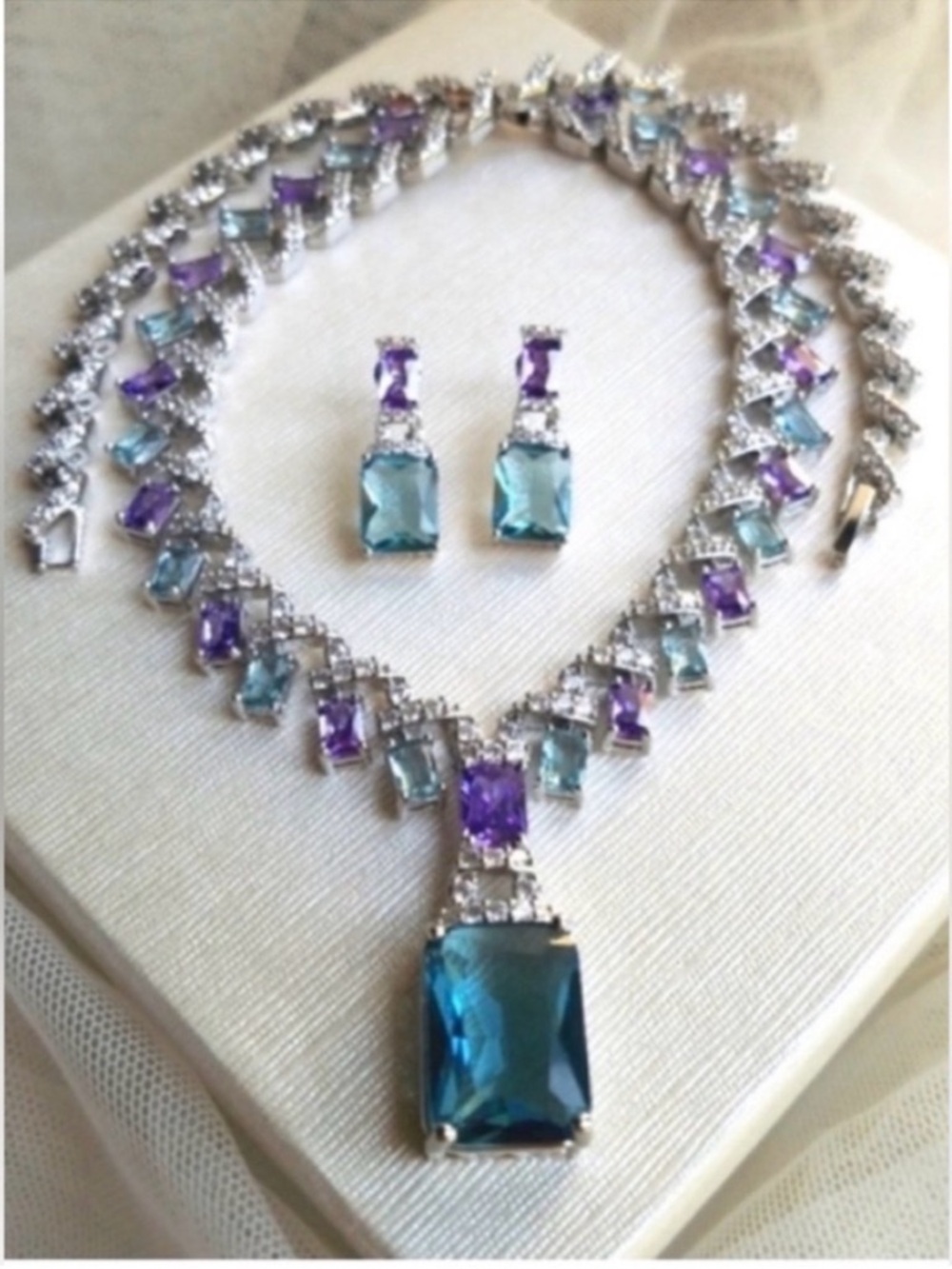 Swarovski Elements Aquamarine & Amethyst Gem Statement Necklace NEW